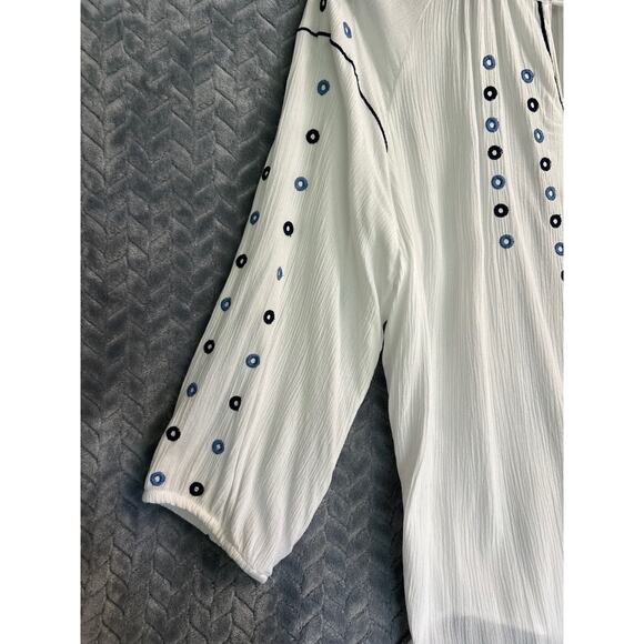 SOHO Peasant Blouse in White with blue accent Size L Country Boho Hippie Gauze - Picture 5 of 7